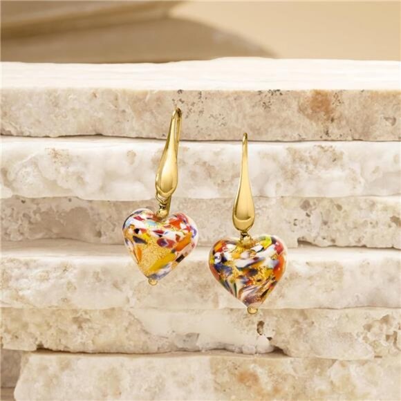 Ross-Simons Italian Murano Glass Heart Drop Earrings in 18kt Gold Over Sterling - Picture 3 of 7